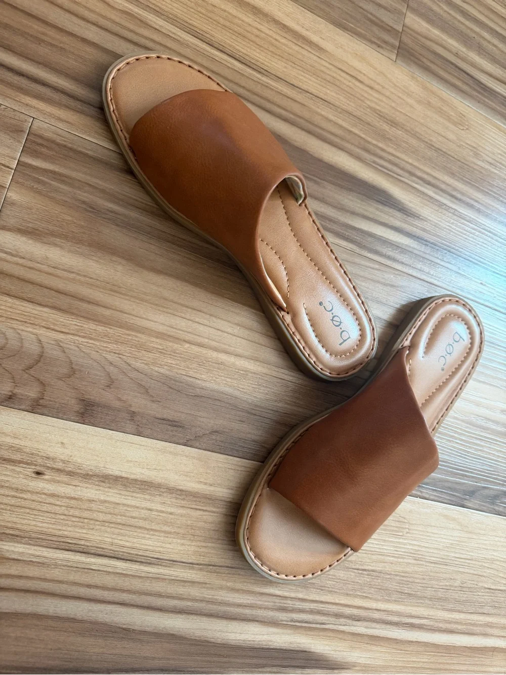 b.o.c. Women's Cognac Slide Sandals - Wide Leather Strap
